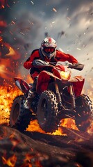 person drive atv vehicle on offroad track, extreme sport activities theme, with fire, created with generative ai