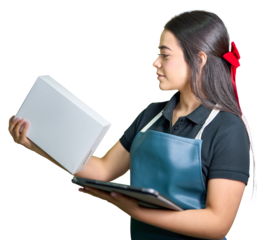 latin american saleswoman holding a white box and digital tablet, looking at the box, isolated on transparent background