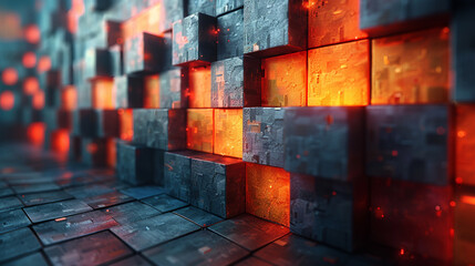 Digital abstract with glowing orange cubes on dark blue background, striking contrast. Cubes grid pattern look metallic