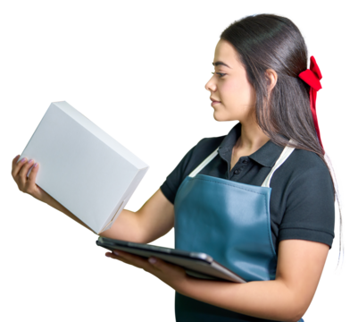 latin american saleswoman holding a white box and digital tablet, looking at the box, isolated on transparent background