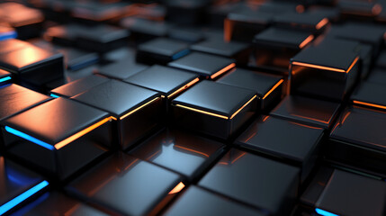 Obraz premium Close-up shot of abstract background featuring black cubes with orange and blue glowing edges
