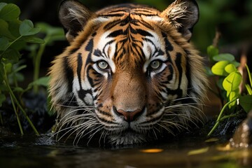 Majestic tiger emerges in the lush jungle., generative IA