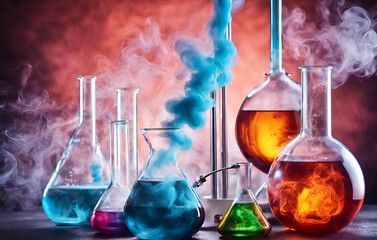 A chemistry class with beakers and smoke coming out of them, Vibrant Chemistry Science Theme Illuminated, Glass Flasks With Liquid Of Different Colors In A Chemical Laboratory
