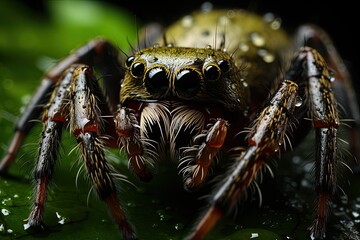 Fototapeta premium Weaver spider in web under the sun and dew., generative IA