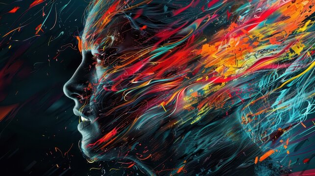 a painting of a man with a colorful head