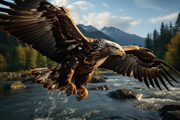 Majestic gold eagle on mountains and forest., generative IA