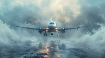 Commercial airplane takes off from runway through stormy sky, with clouds and rain surrounding aircraft