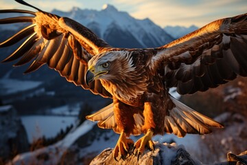 Majestic gold eagle fly over peaks and forest at dusk., generative IA