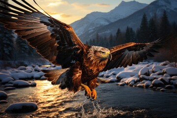 Majestic gold eagle fly over peaks and forest at dusk., generative IA