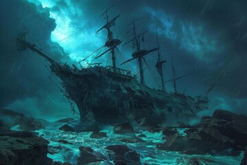 A haunted shipwreck stranded on a rocky shore, its ghostly crew forever lost to the depths.