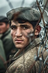 Fototapeta premium a man in a military uniform is looking through a barbed wire fence