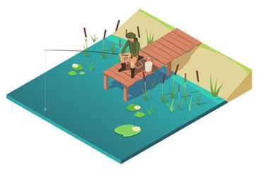 Man fishing from a wooden pier on a lake with water lilies on the surface, isometric illustration, white background, outdoor leisure. Vector illustration