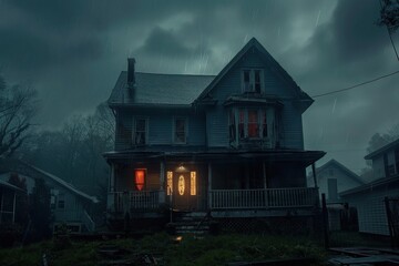A haunted house with eerie lights flickering in the windows on a dark, stormy night.