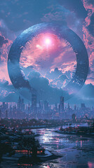 A futuristic cityscape with a large, glowing, alien-like structure in the sky