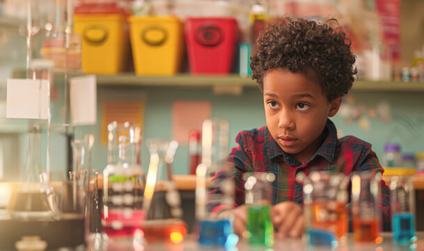 Curious Biracial Boy Conducting Science Experiment in Classroom - Powered by Adobe