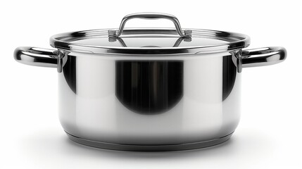 A shiny stainless steel pot with a lid, isolated on a white background.