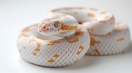Obraz premium A beautifully patterned coiled snake rests gracefully on a pristine white background, exuding elegance and calm.