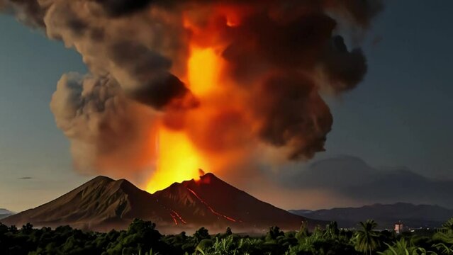 Eruption of a Volcano with a Fiery Plume of Smoke and Ash