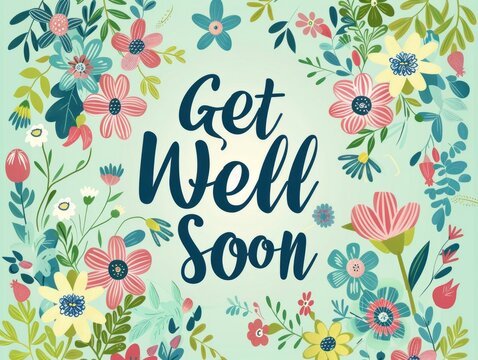 Get well soon floral card. Send well wishes with this bright and cheerful Get Well Soon card featuring colorful flowers on a teal background.