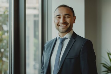 Fototapeta premium Smiling employee standing upright in front of a window while wearing a formal suit