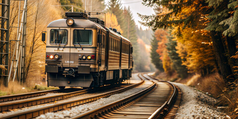 Naklejka premium Vintage train traveling through autumn forest