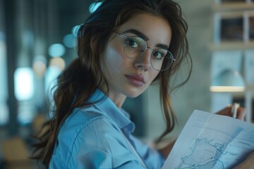 Fototapeta premium Businesswoman strategizing for technological business growth in office.