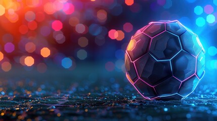 A soccer ball with a red and blue design is on a blue background. The ball is surrounded by a mesh of blue and red lines, giving it a futuristic and abstract appearance. Scene is one of creativity