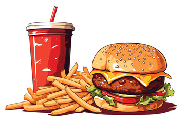 Fast food vector art illustration cartoon vector icon set. Pizza slice, taco, sandwich, roasted turkey, fried egg, french fries, paper cup, hamburger soft drinks generated ai