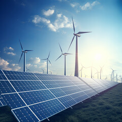 Renewable energy scene with solar panels and wind turbines in a field under a blue sky, representing clean and sustainable energy.