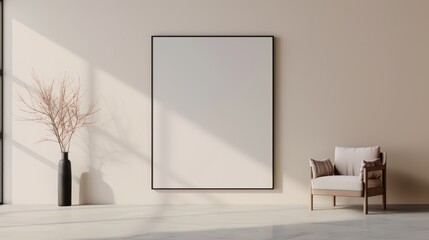 Spacious living room in minimalist style, large empty screen as the focal point, warm ambient lighting, cozy armchair to the side, simple and elegant decor