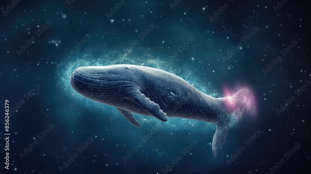 Wall mural surreal art design of a whale floating in space with a cosmic background and starry sky. digital art