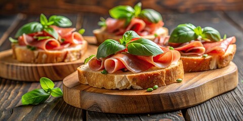 Bruschetta topped with thinly sliced prosciutto and fresh basil leaves, appetizer, Italian cuisine, toast, gourmet