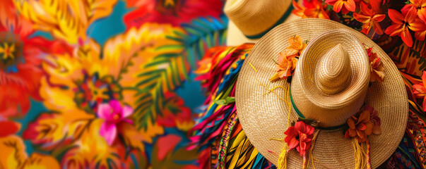 Festa Junina background featuring a detailed view of a traditional Brazilian costume, colorful patterns, and straw hats, with a backdrop of a lively festival dance.