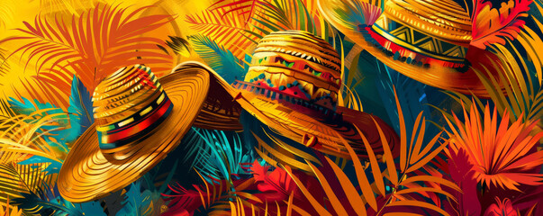 Festa Junina background featuring a detailed view of a traditional Brazilian costume, colorful patterns, and straw hats, with a backdrop of a lively festival dance.