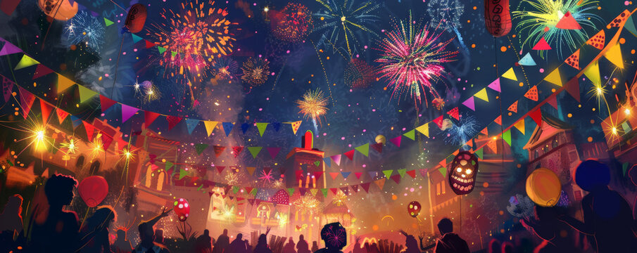 Festa Junina background featuring a night scene with colorful fireworks, festive flags, and a lively crowd enjoying the celebration, with a backdrop of a decorated festival area.