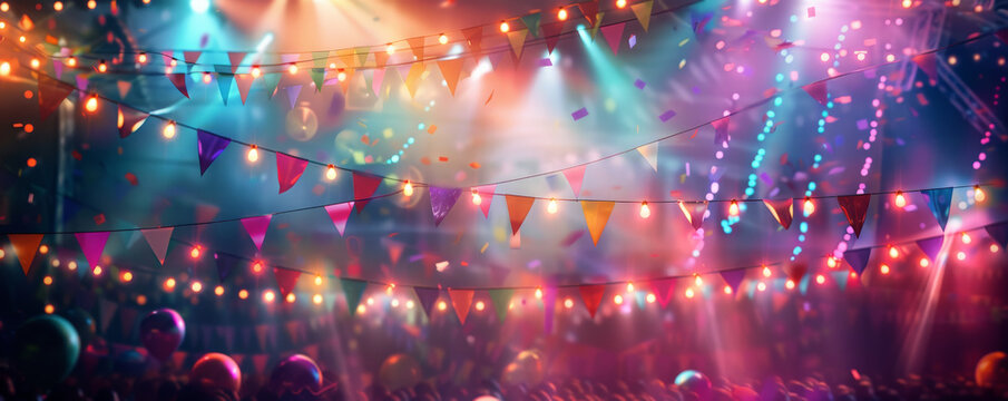 Festa Junina background showcasing a traditional Brazilian musical performance, colorful stage lights, and festive flags, with a backdrop of a cheering crowd and lively atmosphere.