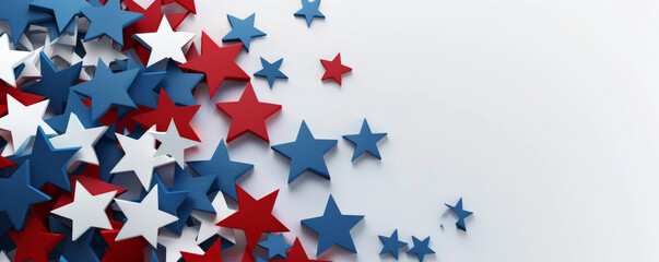 Independence Day USA background with a bold, modern design featuring overlapping stars in red, white, and blue.