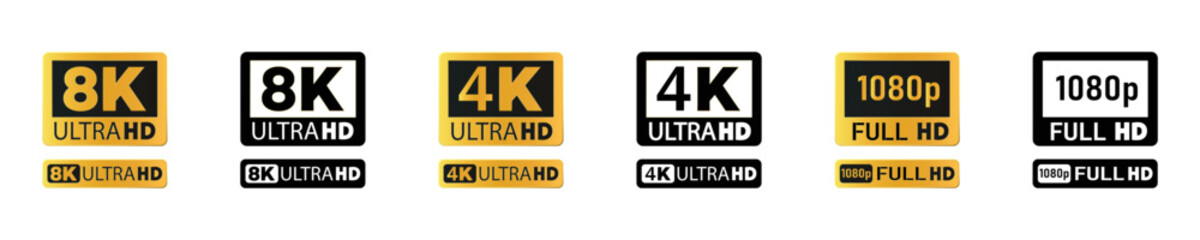 8K gold badge icon set. 8K icons. 4k Ultra HD. 4K UHD. 4K TV symbol of standard high definition monitor resolution vector.