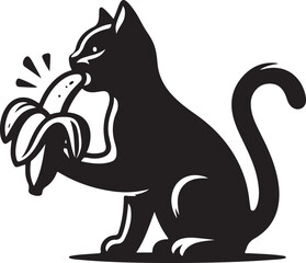 Vector illustration of The Funny Cat is eating a banana silhouette on white background