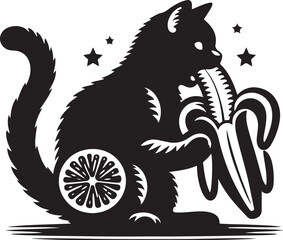 Vector illustration of The Funny Cat is eating a banana silhouette on white background