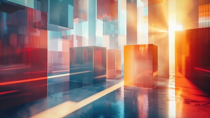 Abstract background with glowing red, orange, and blue geometric shapes and a reflective surface.