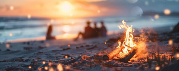 International Friendship Day background with friends gathered around a bonfire on a beach, the flames casting a warm glow and the waves gently lapping in the background.