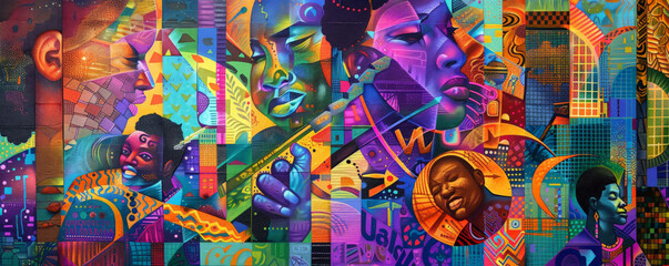 Juneteenth background featuring an artistic mural with vibrant colors, depictions of African American history and culture, set against a backdrop of an urban street.