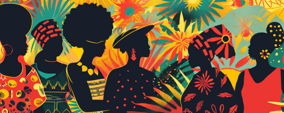 Juneteenth background featuring a detailed illustration of African American heritage symbols, vibrant patterns, and historical references, set against a backdrop of a celebratory setting.