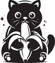 Vector illustration of The Funny Cat is eating a banana silhouette on white background