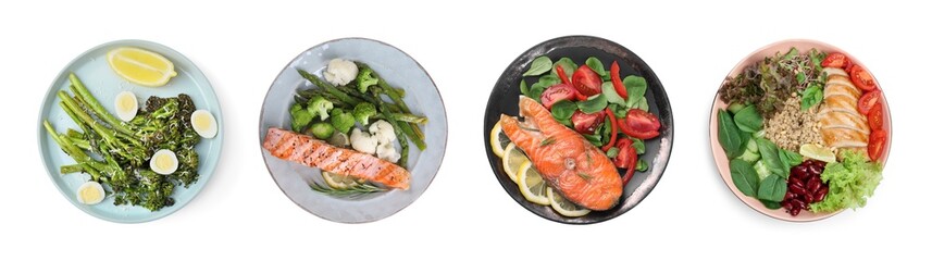 Set of different healthy meals on white background, top view