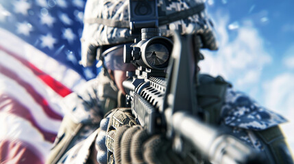 American Soldier in Full Combat Gear with Rifle, 4th of July, American Flag Background