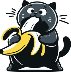 Vector illustration of The Funny Cat is eating a banana silhouette on white background