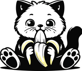 Vector illustration of The Funny Cat is eating a banana silhouette on white background
