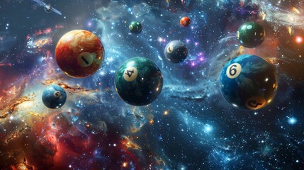 Billiard balls in triangle in space, fantastic futuristic concept
